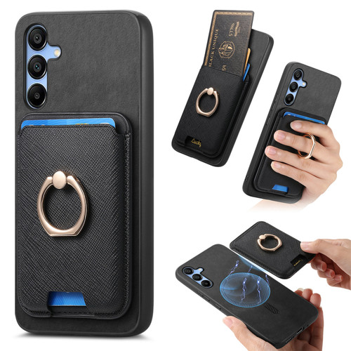 Samsung Galaxy A16 5G Retro Cross Leather Ring Vertical Insert Card Bag MagSafe Phone Case - Black
